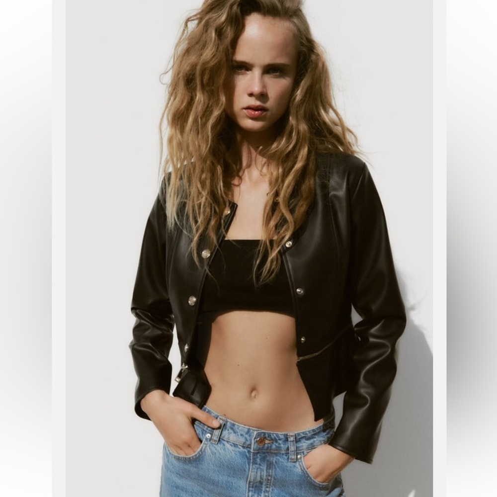 NWT ZARA Black 2 in 1 Faux Leather Snap Jacket Zip Crop Length Sz xs